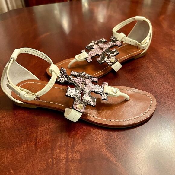 EEUC Tory Burch Phoebe Snakeskin White Thong Sandals Shoes Size 6.5 - Picture 3 of 7